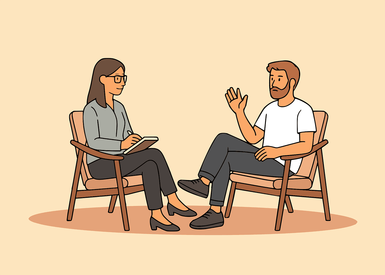 Illustration of a patient and clinician talking in a consultation
